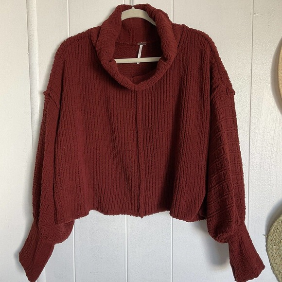 Free People Sweaters - Free People Pullover Chunky Turtleneck Cowlneck Knit Cropped Burgundy Sweater Lg